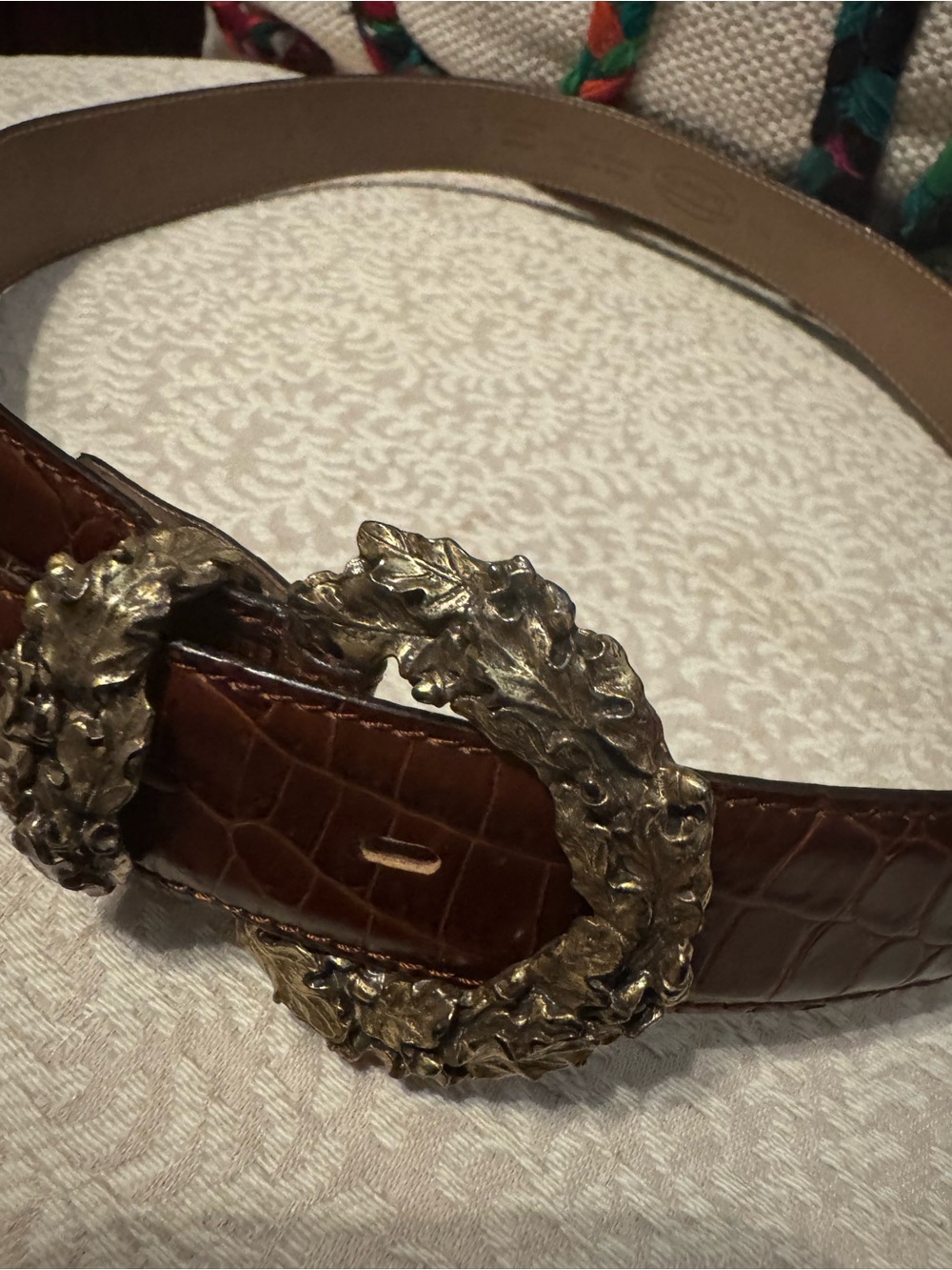 Talbots Brown Croc-Texture Leather Belt with Ornate Gold Leaf Buckle
